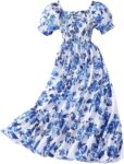 GORGLITTER Girls Floral Summer Dresses Square Neck Puff Short Sleeve A Line Smocked Flowy Ruffle Midi Dress 8-12 Years