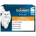 GOURMET Perle Chefs Collection Adult Wet Cat Food Mini Fillets in Gravy Variety Turkey, Tuna, Duck, Lamb 40 x 85g Pouches with voucher