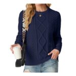 GRECERELLE Womens Crew Neck Cable Knit Sweater Navy Blue L