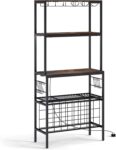 GiantexUK 4-Tier Wine Rack, Freestanding Microwave Stand with Power Outlet, 24 Bottle Holders, Glass & Mug Holders and 10 Hooks, Metal Frame Bakers Rack for Kitchen Dining Room