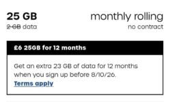 Giffgaff 25GB for 12 months £6 a month