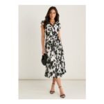 Gini London Black/White Lace Trim Mono Pleated Wrap Midi Dress