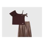 Girls Brown Metallic Top and Trousers Set