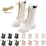 Girls Knee High Boots Lace up Side Zipper Mid-Calf White Combat Shoes Kids Thick Rubber Sole Stitching Faux Waterproof School Shoes Sweet Steampunk Goth Cowgirl Riding Boots Holidays Parties Boot 3-12