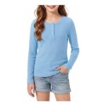 Girls Long Sleeve Crew Neck Lace Trim T-Shirts with Button
