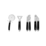 Good Food in Partnership with Tower 4Pc Gadget Set, Pizza Cutter, Y Peeler, Can Opener, Garlic Press, Stainless Steel Heads, Black