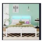 HAHRIR 4ft6 Low-Profile Metal Bed Frame LED-USB Ports White