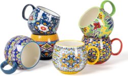 HENXFEN LEAD Cappuccino Cups Set, 600ml Porcelain Coffee Cups with Handle, 6 Pack of Porcelain Cups for Tea Coffee Milk Cappuccino with Pattern and Colourful – Bohemian Style