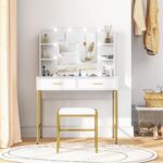 HOMCOM Dressing Table with Lighted Mirror, Cushioned Stool, Drawers, White