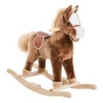 HOMCOM Plush Rocking Horse with Wooden Base, 3, Brown