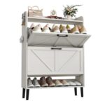 HOME BI Farmhouse Shoe Cabinet: 3-Tier, Flip Drawers, Antique White