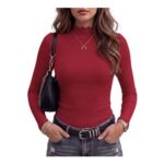 HOTOUCH Womens High-Neck Long-Sleeve Slim-Fit T-Shirt Red L