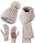 Hat Scarf And Gloves Set Ladies Hat and Gloves for Women Winter Beanie Hat For Women With Fleece Lined Warm Thermal Bobble Hat Touchscreen Gloves Women Scarf Neck Warmer Cold Weather 3pcs Set
