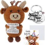 Highland Cow Gifts for Women Positive Crochet Animals with Motivational Card and Keychain, Emotional Support Good Luck Gifts Highland Cow Keyring