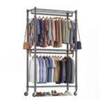 Himimi 3-Tier Double Rod Garment Rack with Wheels, Black