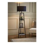 Hiru Black 3 Tier Shelf Floor Lamp with Navy Drum Shade