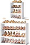 Hoctieon 3-Tier Expandable Shoe Shelf, Adjustable Shoe Shelf Storage Organizer, Stackable Iron Wood Combination Free Standing Shoe Rack for Entryway, Closet, Doorway, White