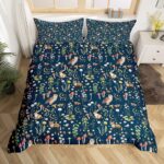 Homewish Woodland Duvet Cover Sets Super King Size, Aesthetic Floral Bedding Set for Girls Women Bedroom Decor, Cute Animal Print Bedding & Linen, Navy Blue Duvet Cover, Microfiber Reversible