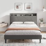 IRONCK 4ft6 Double Bed Frame with Charging Station, Bed Frame Double with Upholstered Storage Headboard, Sturdy Wooden Slat Support, No Box Spring Needed, Grey 135X190 cm