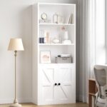 IRONCK Bookcase, 5-Tier Tall Bookshelf with Doors, 60×29.9x150cm, White