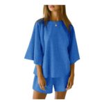 Imily Bela Womens 3/4 Sleeve Two-Piece Pajama Set, Blue, Large