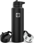 Iron Flask Insulated Water Bottle with Straw 1200ml 3 Lids Midnight Black Leakproof Double-Walled Stainless Steel Flask BPA-Free