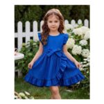JiAmy Girls Ruffle Sleeve Dress with Bow Belt – Blue, Red or Pink (7-8 Years)