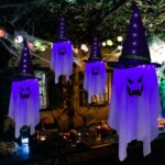 Jsdoin Halloween Decorations Hanging Ghost Lighted Flying Ghost Grim Reaper Skull Chains Glowing Ghost White Ghost Wizard Hat for Garden Yard Halloween Party Tree Door Lawn Party Supplies