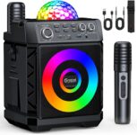 Karaoke Machine with 2 Wireless Microphones: with Disco Lights & Magnetic Mic Charging Portable Bluetooth Speaker for Adults & Kids – PA System with Lights Supports TF Card/USB/AUX for Home Party