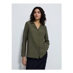 Khaki Textured Oversized v Neck Shirt