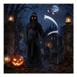 Kids Grim Reaper Costume with Glowing Eyes, 5-Piece Scythe Set