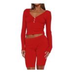 LACOZY Womens Ribbed Knit 2-Piece Set, Biker Shorts, Red, S