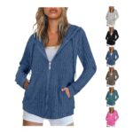 Ladies Lightweight Full-Zip Knitted Hoodie, Oversized, Blue