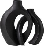Levvohd Black Hollow Ceramic Vase Set of 2, Snuggle Round Boho Donut Modern Vase Nordic Minimalist Decorative Vase for Modern Trendy Home Table Centerpiece Decor (W 6.3 X H 8)