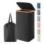 Lifewit 105L Laundry Basket with Lid, Foldable, Bamboo Handles, Black