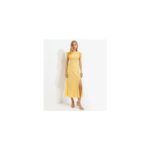 Light Yellow Satin Lace Sleeve Split Midi Dress