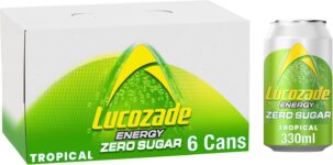 Lucozade Energy Zero Sugar Drink Tropical 330ml can (Pack of 6)