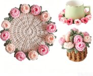 MIGIFTDY Handmade Flower Crochet Coasters, Floral Crochet Drink Coasters for Tabletop Protection, Anti-Slip Heat-Resistant Cup Mats for Home Decor, Kitchen, Living Room, Office