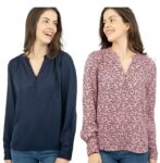 M&S Womens Blouse Top Navy Blue Jacquard Pink Floral Cuff Buttons V Neck – New without tags Quality Brands Outlet