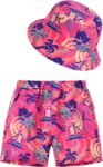 Maeau Boys Swimming Trunks with Bucket Hat Set of 2 Kids Board Shorts Sun Hat Beach Quick Dry Boys Swim Shorts for Summer Beach Holiday