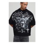Man Black Oversized Boxy Heavyweight Angel Printed T-Shirt
