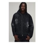 Man Boxy Rhinestone Washed Black Denim Hoodie