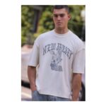 Man Ecru Oversized Boxy Exposed Seam New Jersey Print T-Shirt