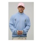 Man Funnel Neck Ribbed Embroidered Knitted Track Jacket