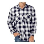 Mens Casual Button-up Flannel Plaid Shirt, Long Sleeve, Blue, M