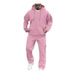 Mens Hoodie and Bottom Tracksuit Set with Zipper, Solid Color