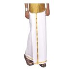 Mens White 100% Cotton Dhoti with Golden Border, 195×127 Cm