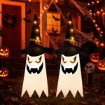 Mepham Halloween Decorations, 2 Pack Hanging Light Up Ghosts with Wizard Hats, Illuminated Flying Ghost Decorations for Indoor Outdoor, Spooky Halloween Garden Door Porch Decor