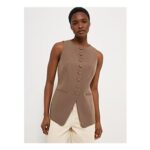 Mocha High Neck Sleeveless Waistcoat
