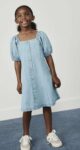 NEXT Girls Denim Puff Sleeve Button Through Dress – ages 3 to 6 / 7 to 10 £8.50 / 11 to 12 £9.50 / 13 £10.50 – free click and collect